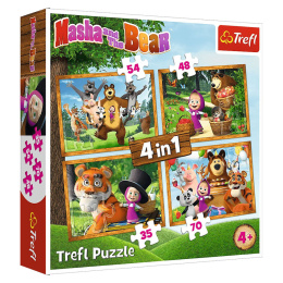 Trefl Puzzle 4w1 | Leśne przygody Maszy, puzzle z motywem bajki MASZA I NIEDŹWIEDŹ