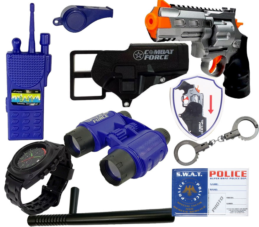 Zestaw akcesoriów policyjnych dla dziecka - Pistolet, odznaka, kajdanki Zestaw akcesoriów policyjnych dla dziecka - Pistolet, odznaka, kajdanki