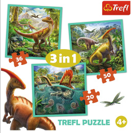 Trefl Puzzle 3w1 | Niezwykły świat dinozaurów, puzzle z motywem dinozaurów