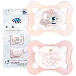 CANPOL Smoczek uspokajający silikonowy, MINI  0-2 m symetryczny SLEEPY KOALA 2szt. Pink