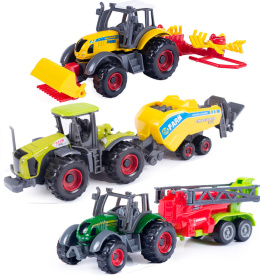 Traktorki metalowe + przyczepy rolnicze - Zestaw 3 szt. Ciągniki + maszyny rolnicze