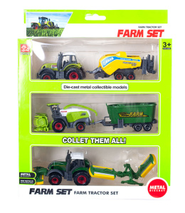 Traktorki metalowe + przyczepy rolnicze - Zestaw 3 szt. Ciągniki + maszyny rolnicze