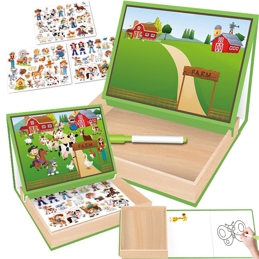 Tablica 2w1 magnetyczna, drewniana - zestaw edukacyjny z puzzlami magnetycznymi farma, zwierzęta, pisak w zestawie Tablica 2w1 magnetyczna, drewniana - zestaw edukacyjny z puzzlami magnetycznymi farma, zwierzęta, pisak w zestawie