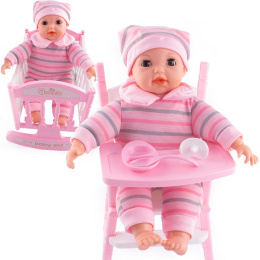Lalka dla dziewczynek - miękka laleczka z dźwiękiem w zestawie krzesełko do karmienia oraz łóżeczko 2w1