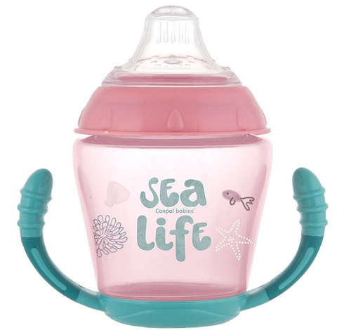 Canpol babies kubek niekapek miękki silikonowy ustnik 230ml SEA LIFE różowy