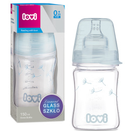 Butelka szklana antykolkowa Lovi 150ml - Butelka dla niemowlaka + smoczek 0m+
