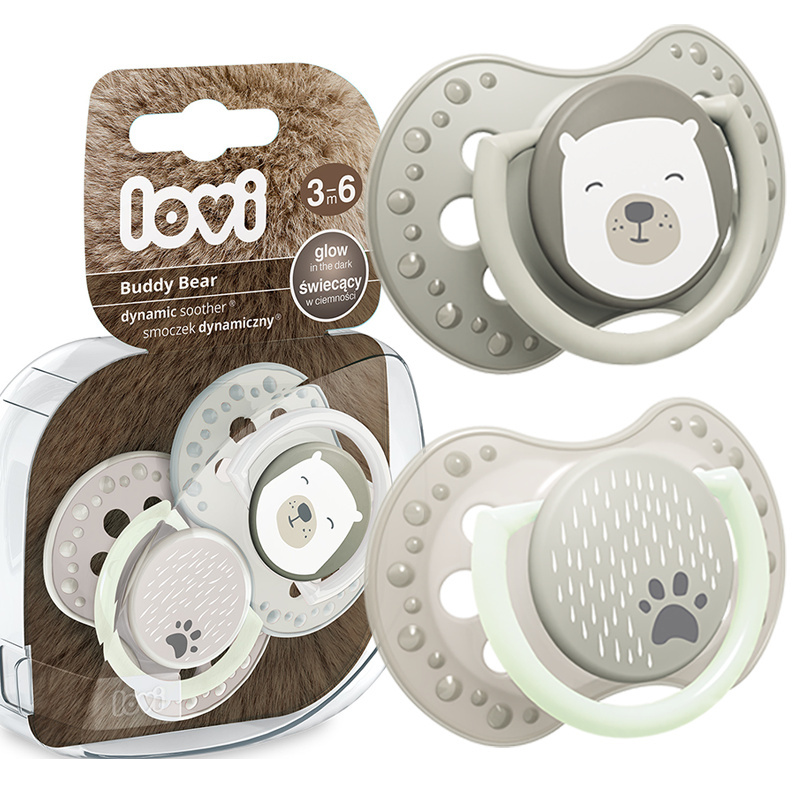 Smoczek uspokajający dla dziecka LOVI 3-6 m Buddy Bear 2 szt. świecący w ciemności Smoczek uspokajający dla dziecka LOVI 3-6 m Buddy Bear 2 szt. świecący w ciemności